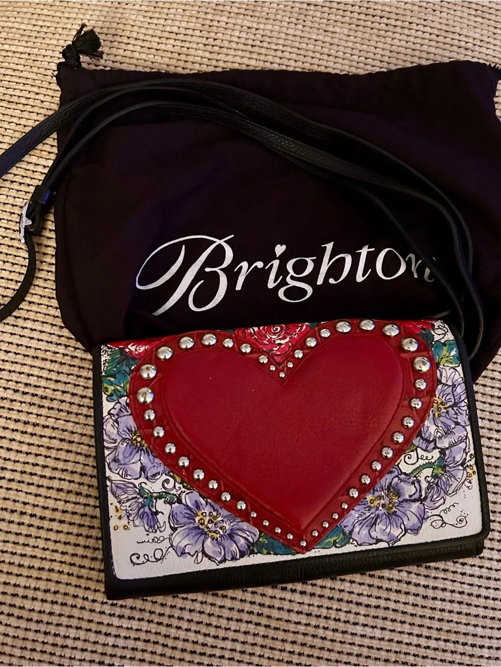 Brighton Red Heart Floral Leather Crossbody Bag